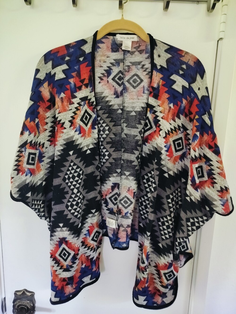 Belle du Jour Southwestern Aztec Pattern Open Front Cardigan Poncho Kimono S